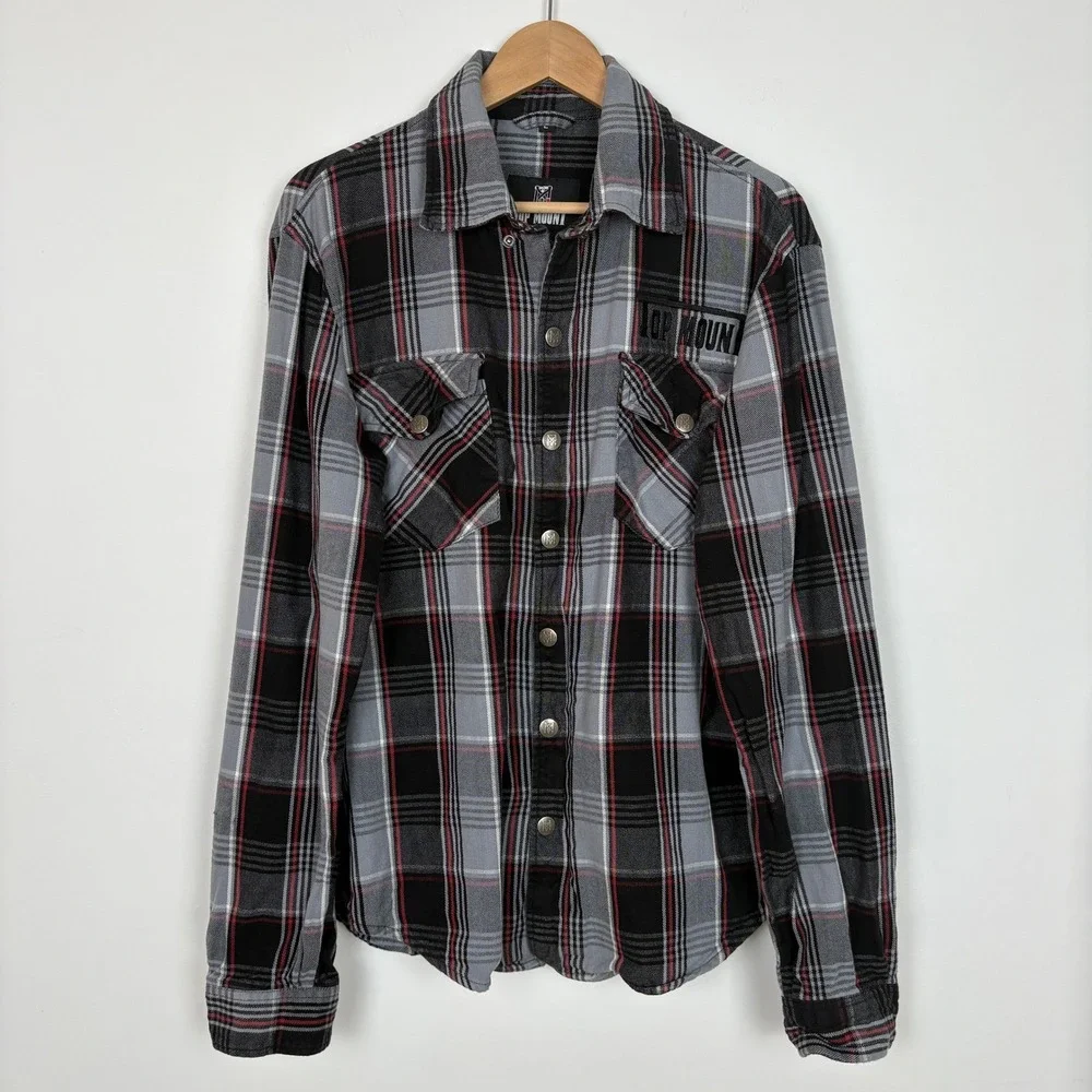 Top Mount Mens Full Zip Snap Grappler Flannel Shirt Size L Black Red Plaid Biker